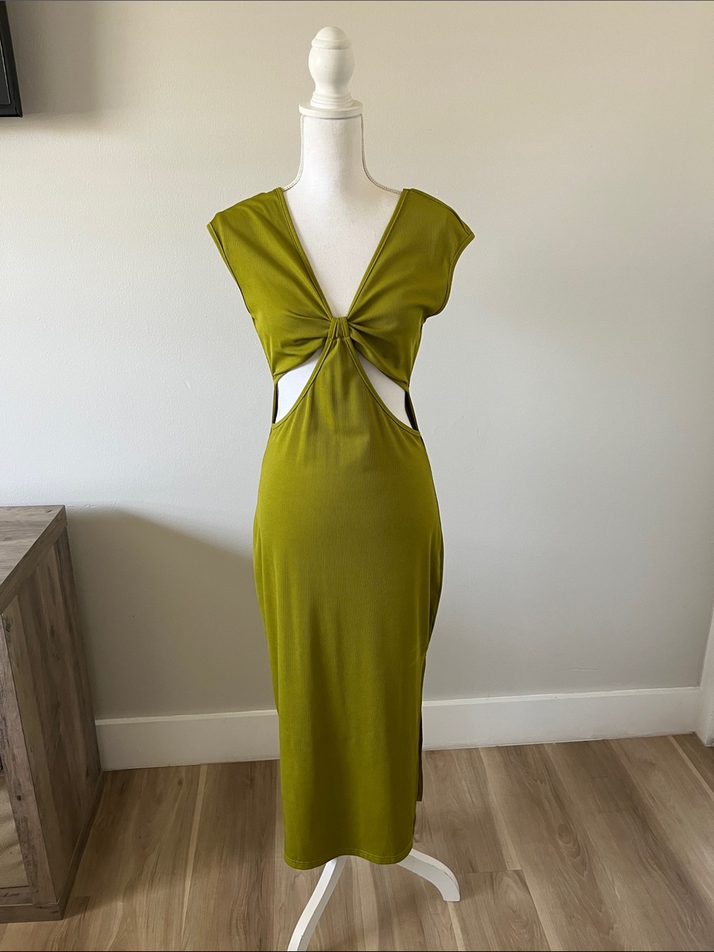SHEIN Olive Green Knot Front Cutout Midi Dress